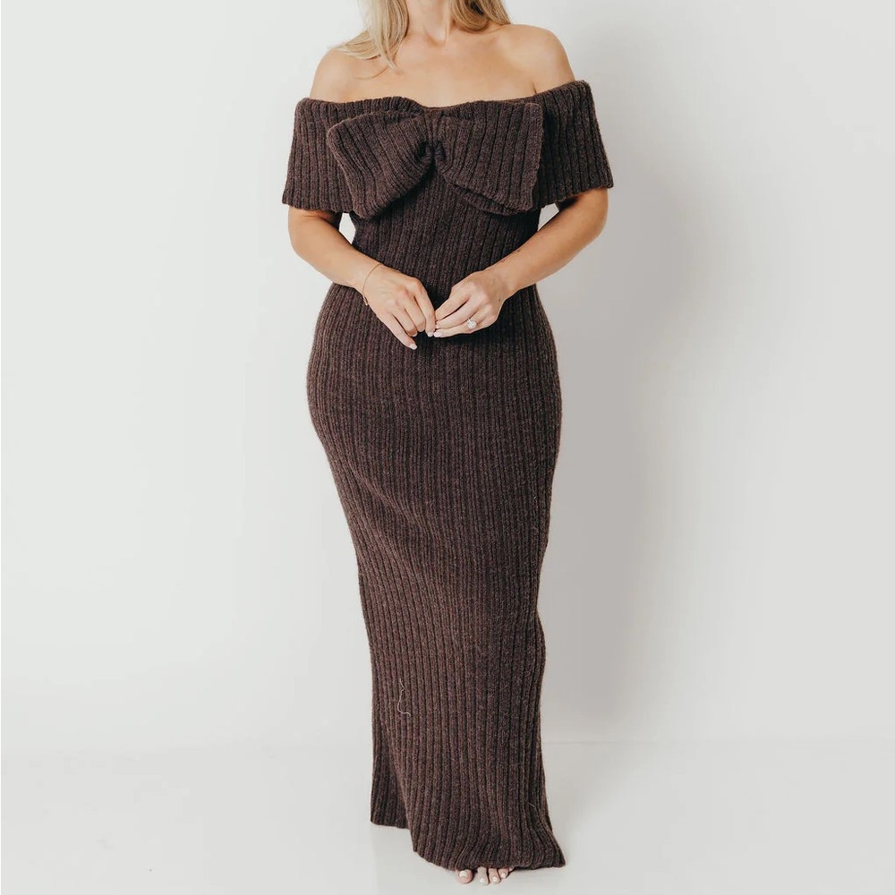 Off-Shoulder Ribbed Maxi Dress with Bow Detail - Brown